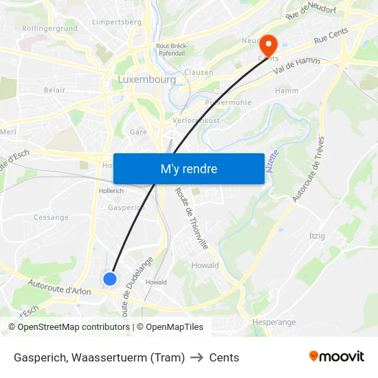 Gasperich, Waassertuerm (Tram) to Cents map