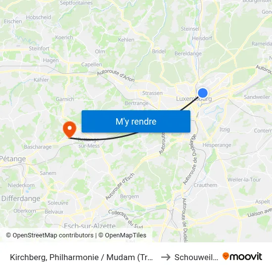 Kirchberg, Philharmonie / Mudam (Tram) to Schouweiler map