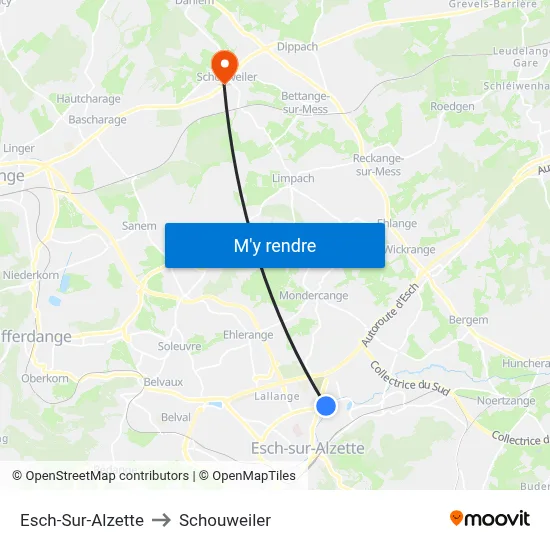 Esch-Sur-Alzette to Schouweiler map