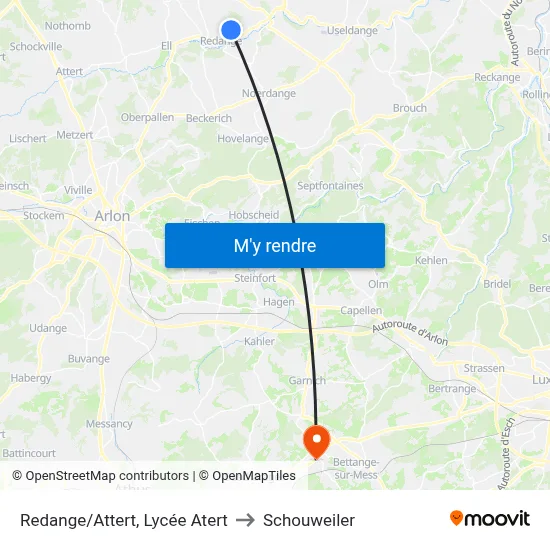 Redange/Attert, Lycée Atert to Schouweiler map