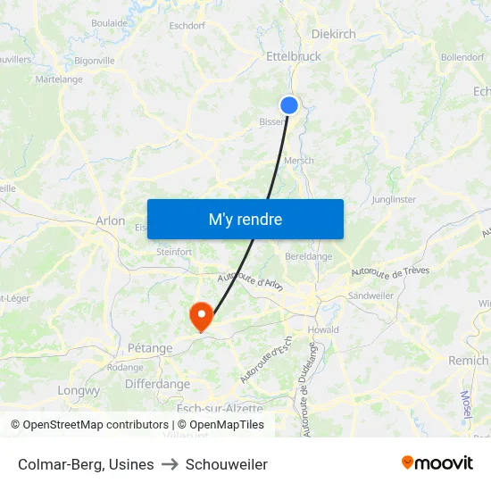 Colmar-Berg, Usines to Schouweiler map