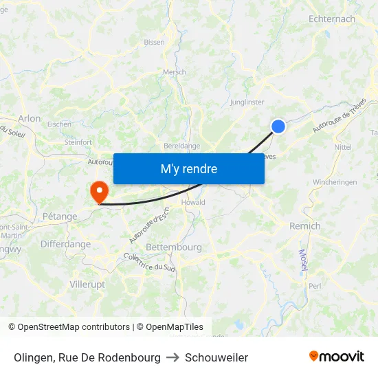 Olingen, Rue De Rodenbourg to Schouweiler map