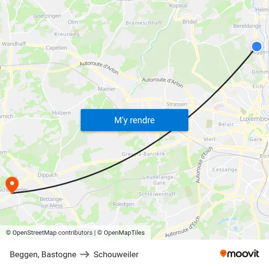 Beggen, Bastogne to Schouweiler map