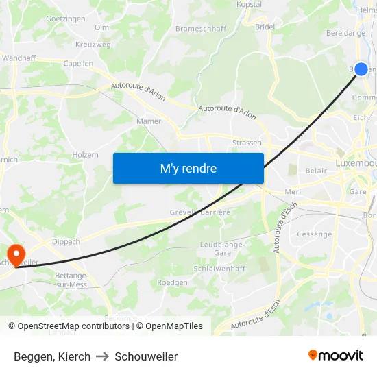 Beggen, Kierch to Schouweiler map