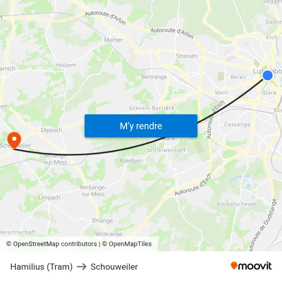 Hamilius (Tram) to Schouweiler map