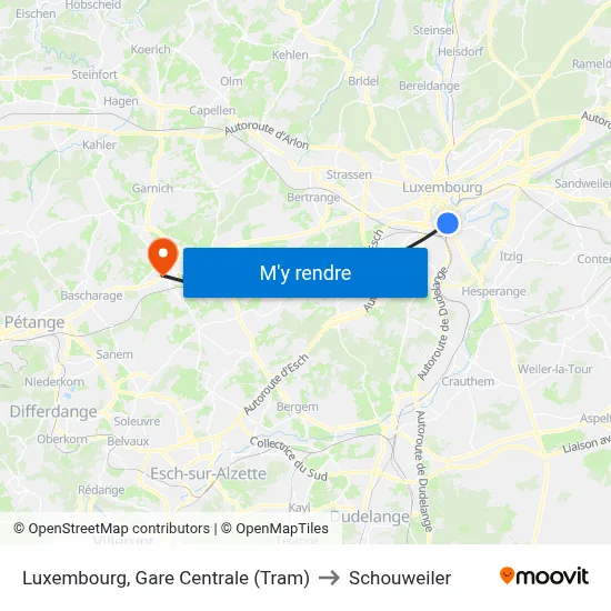 Luxembourg, Gare Centrale (Tram) to Schouweiler map