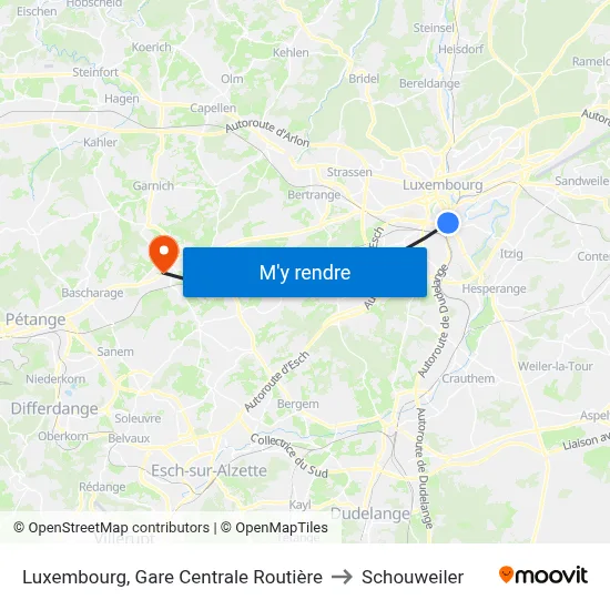 Luxembourg, Gare Centrale Routière to Schouweiler map
