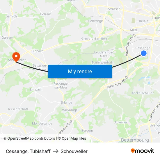 Cessange, Tubishaff to Schouweiler map