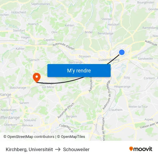 Kirchberg, Universitéit to Schouweiler map
