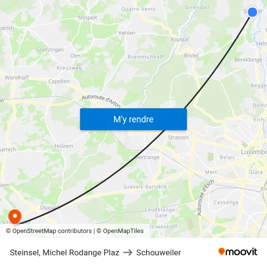 Steinsel, Michel Rodange Plaz to Schouweiler map