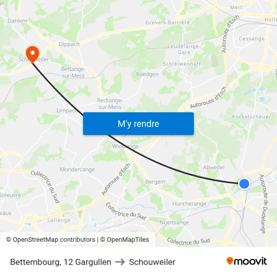 Bettembourg, 12 Gargullen to Schouweiler map