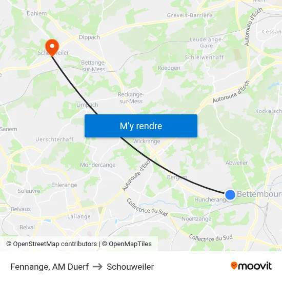 Fennange, AM Duerf to Schouweiler map