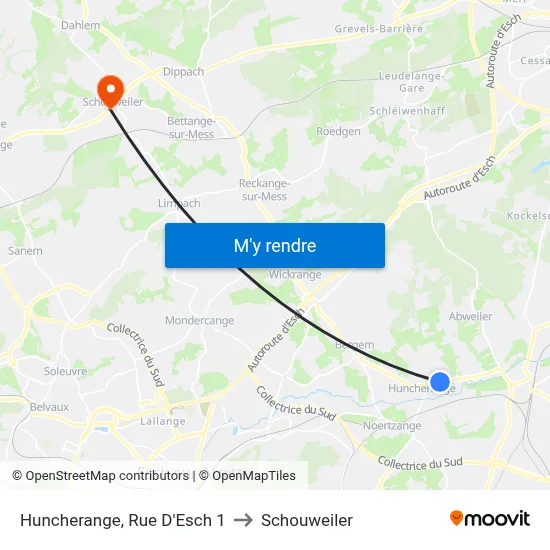 Huncherange, Rue D'Esch 1 to Schouweiler map