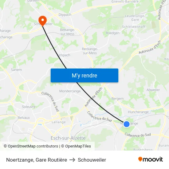Noertzange, Gare Routière to Schouweiler map