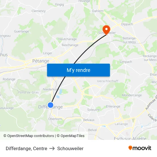 Differdange, Centre to Schouweiler map