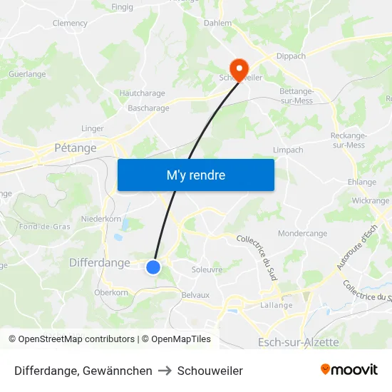 Differdange, Gewännchen to Schouweiler map