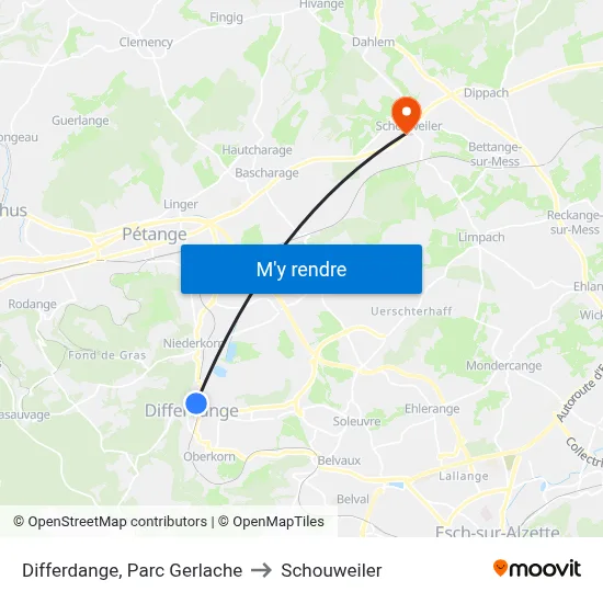 Differdange, Parc Gerlache to Schouweiler map