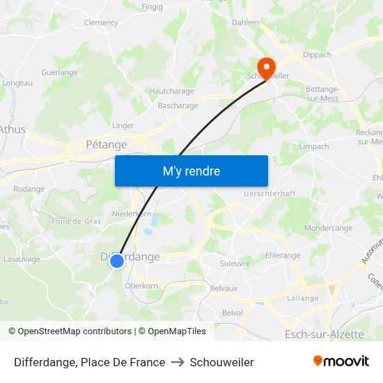 Differdange, Place De France to Schouweiler map