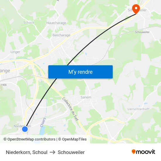 Niederkorn, Schoul to Schouweiler map