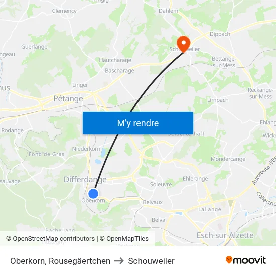 Oberkorn, Rousegäertchen to Schouweiler map