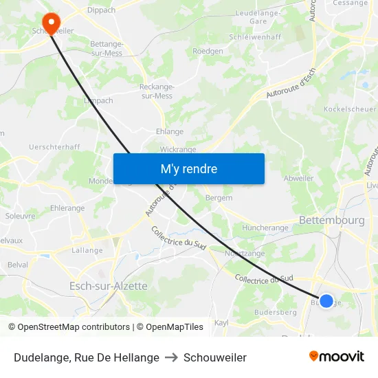 Dudelange, Rue De Hellange to Schouweiler map
