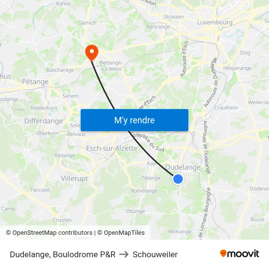 Dudelange, Boulodrome P&R to Schouweiler map