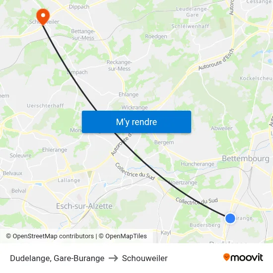 Dudelange, Gare-Burange to Schouweiler map