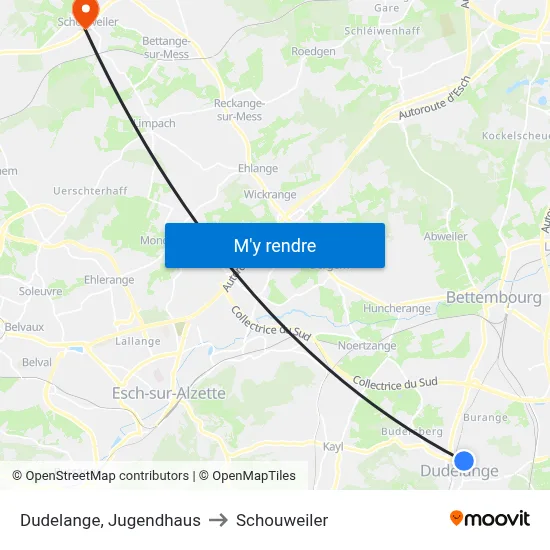 Dudelange, Jugendhaus to Schouweiler map