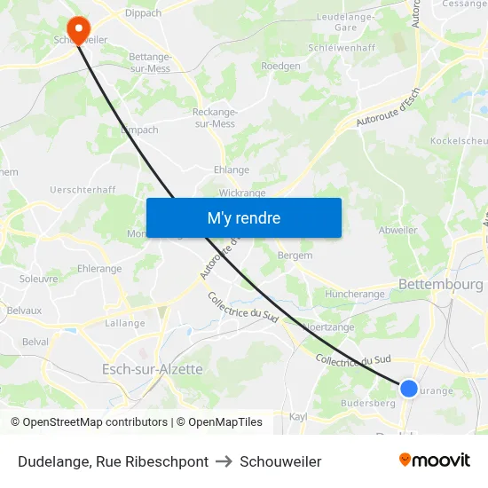 Dudelange, Rue Ribeschpont to Schouweiler map