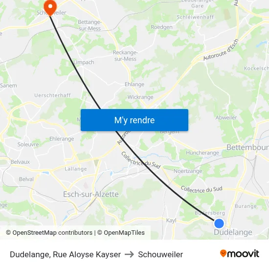 Dudelange, Rue Aloyse Kayser to Schouweiler map