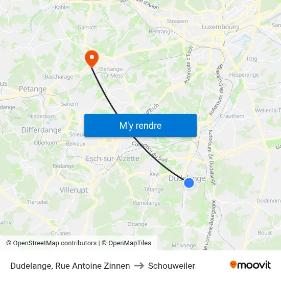Dudelange, Rue Antoine Zinnen to Schouweiler map