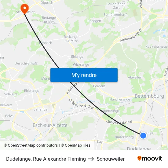 Dudelange, Rue Alexandre Fleming to Schouweiler map