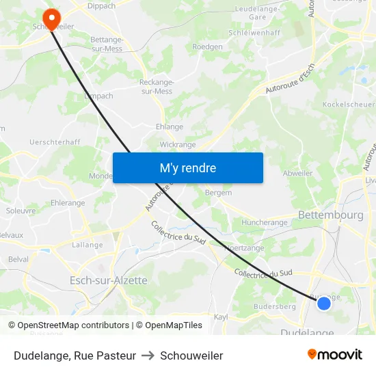 Dudelange, Rue Pasteur to Schouweiler map