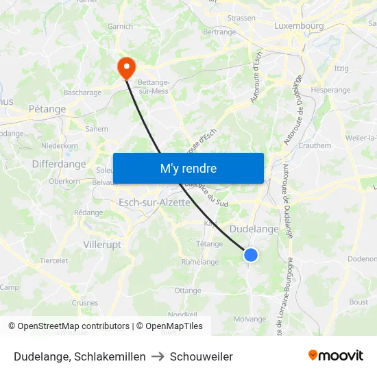 Dudelange, Schlakemillen to Schouweiler map