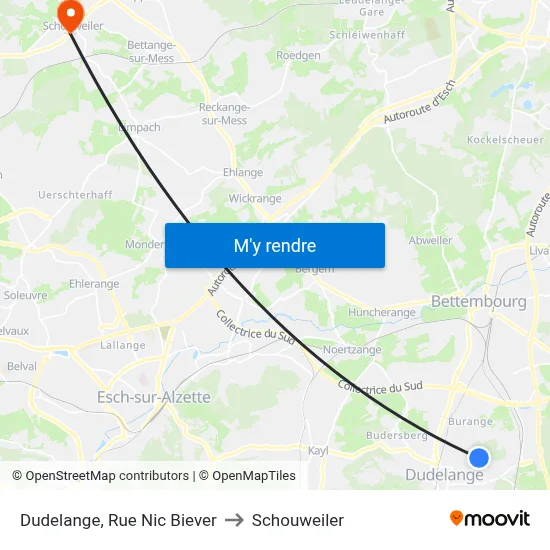 Dudelange, Rue Nic Biever to Schouweiler map