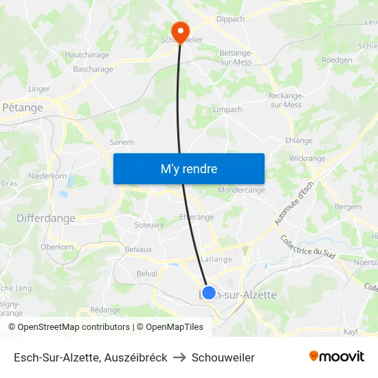 Esch-Sur-Alzette, Auszéibréck to Schouweiler map