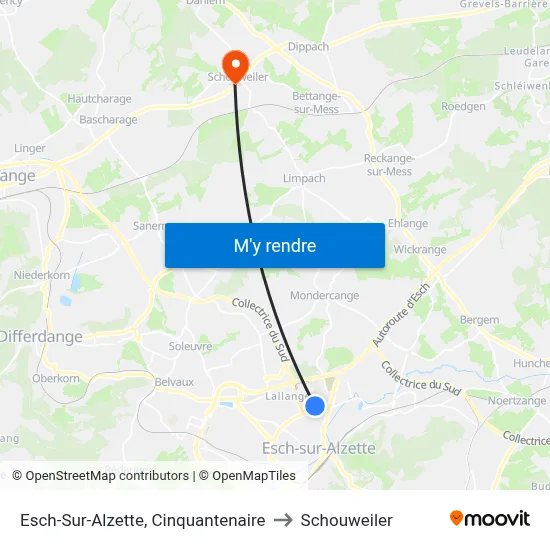 Esch-Sur-Alzette, Cinquantenaire to Schouweiler map