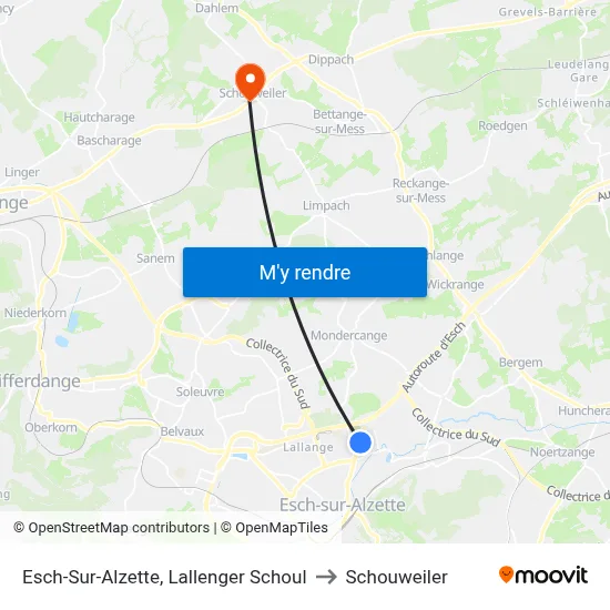 Esch-Sur-Alzette, Lallenger Schoul to Schouweiler map