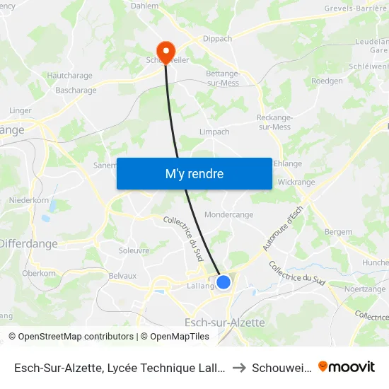 Esch-Sur-Alzette, Lycée Technique Lallange to Schouweiler map