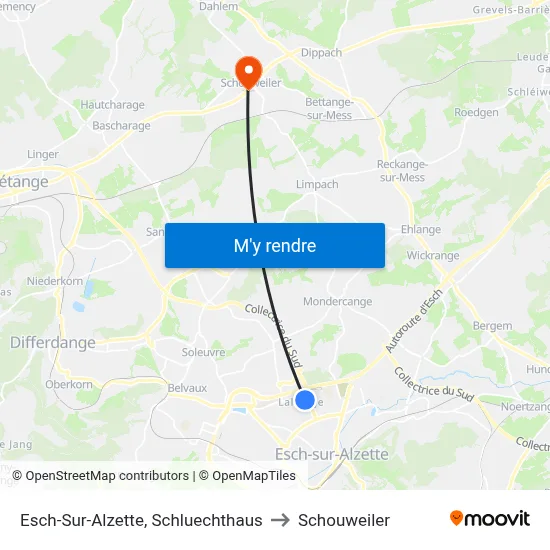 Esch-Sur-Alzette, Schluechthaus to Schouweiler map