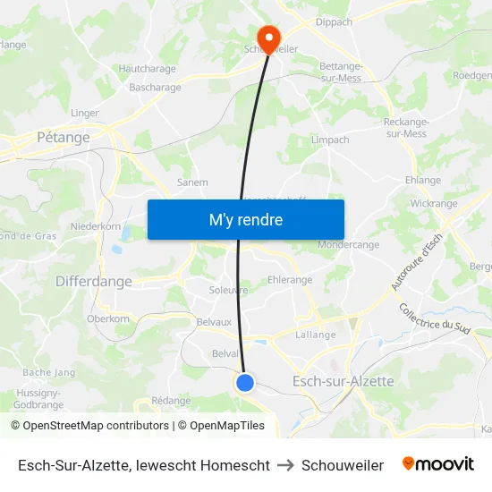 Esch-Sur-Alzette, Iewescht Homescht to Schouweiler map