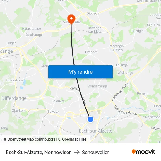 Esch-Sur-Alzette, Nonnewisen to Schouweiler map