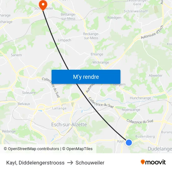Kayl, Diddelengerstrooss to Schouweiler map