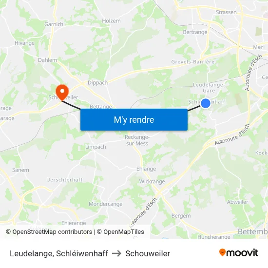 Leudelange, Schléiwenhaff to Schouweiler map