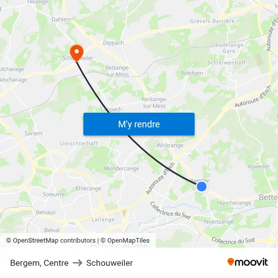 Bergem, Centre to Schouweiler map