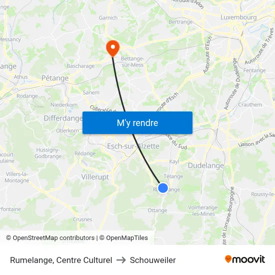 Rumelange, Centre Culturel to Schouweiler map