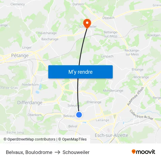 Belvaux, Boulodrome to Schouweiler map