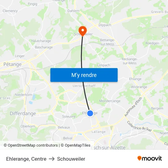 Ehlerange, Centre to Schouweiler map