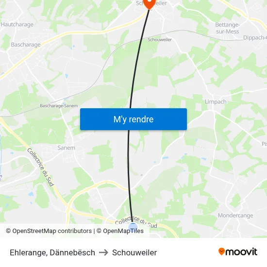 Ehlerange, Dännebësch to Schouweiler map