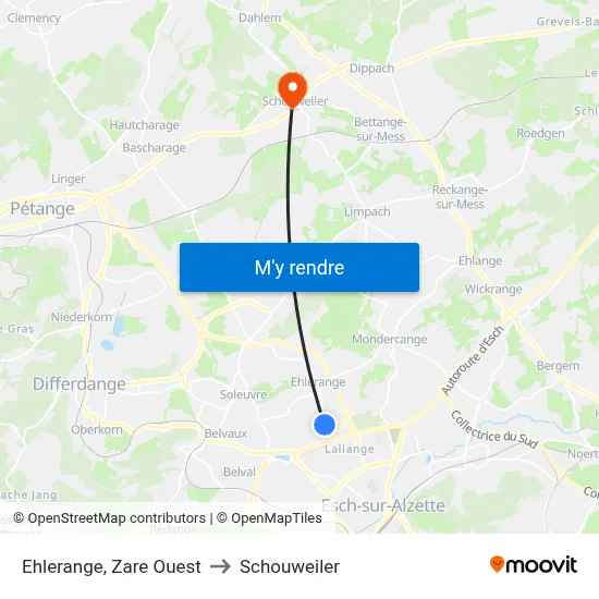 Ehlerange, Zare Ouest to Schouweiler map